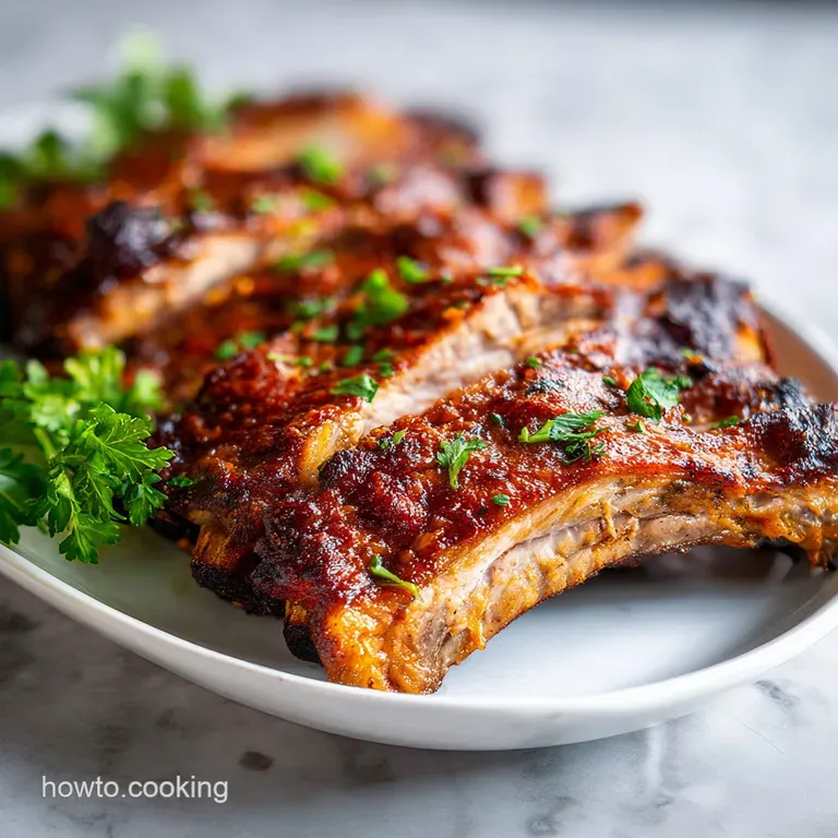 A neat stack of succulent ribs on a rustic plate, adorned with fresh green herbs.