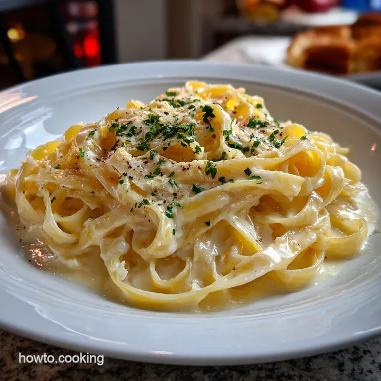 Silky fettuccine Alfredo artfully twirled on a white plate, offering a luscious, velvety texture with a dusting of parmesan.