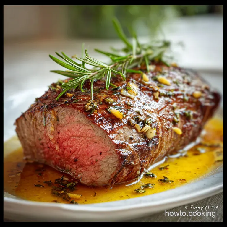 Slices of juicy, medium-rare sirloin roast artfully arranged on a plate, accented with vibrant herbs and a drizzle of sauce.