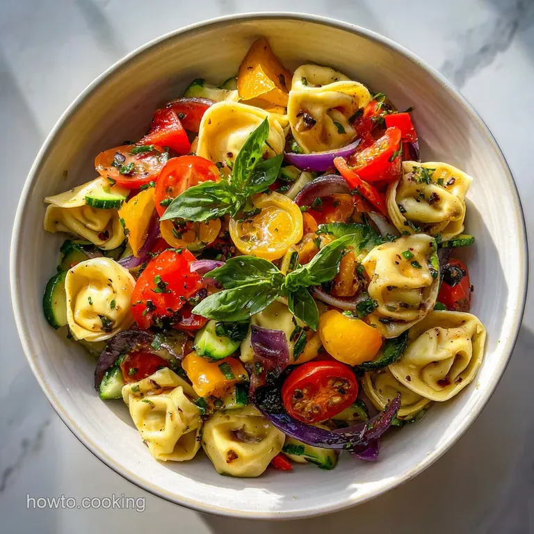 Bright, colorful tortellini pasta salad artfully arranged in a white bowl. Garnished with fresh basil for an elegant prese...