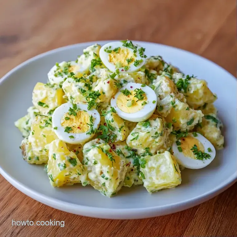 Chilled scoops of creamy potato and egg salad in a white bowl, garnished with red paprika and fresh green herbs.