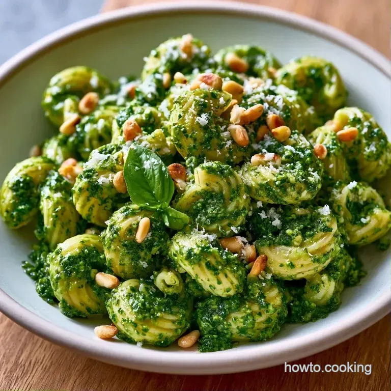 Elegant swirl of green pasta on a white plate, topped with a fresh basil leaf and delicate parmesan shavings.
