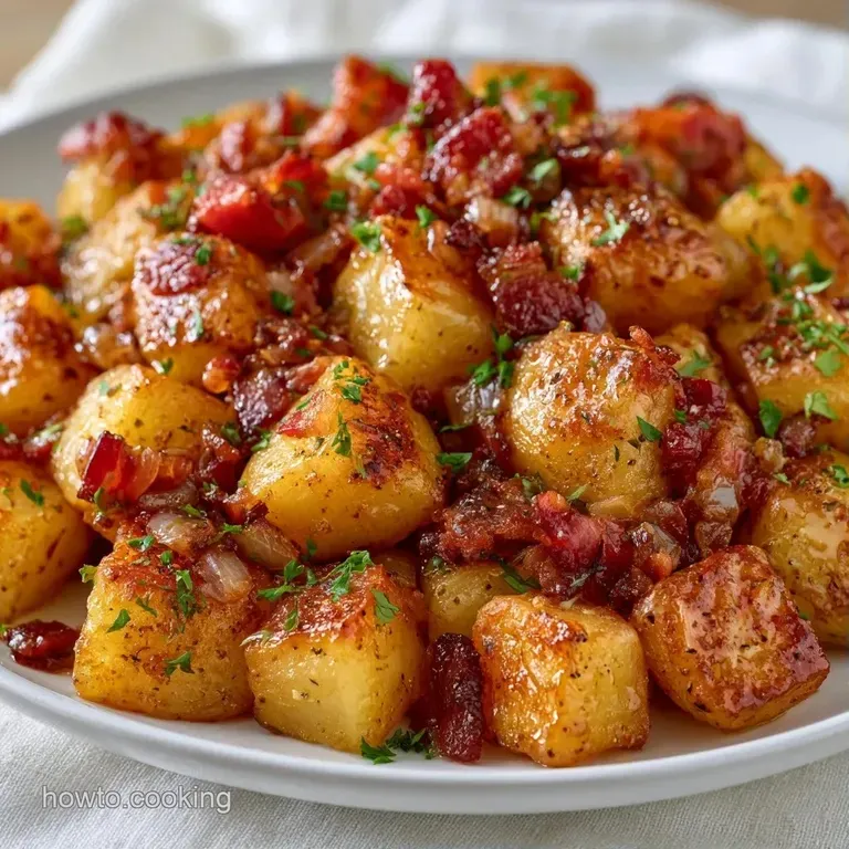 Buttery yellow potato chunks and crisp bacon bits arranged on a white plate, garnished with bright green chives.