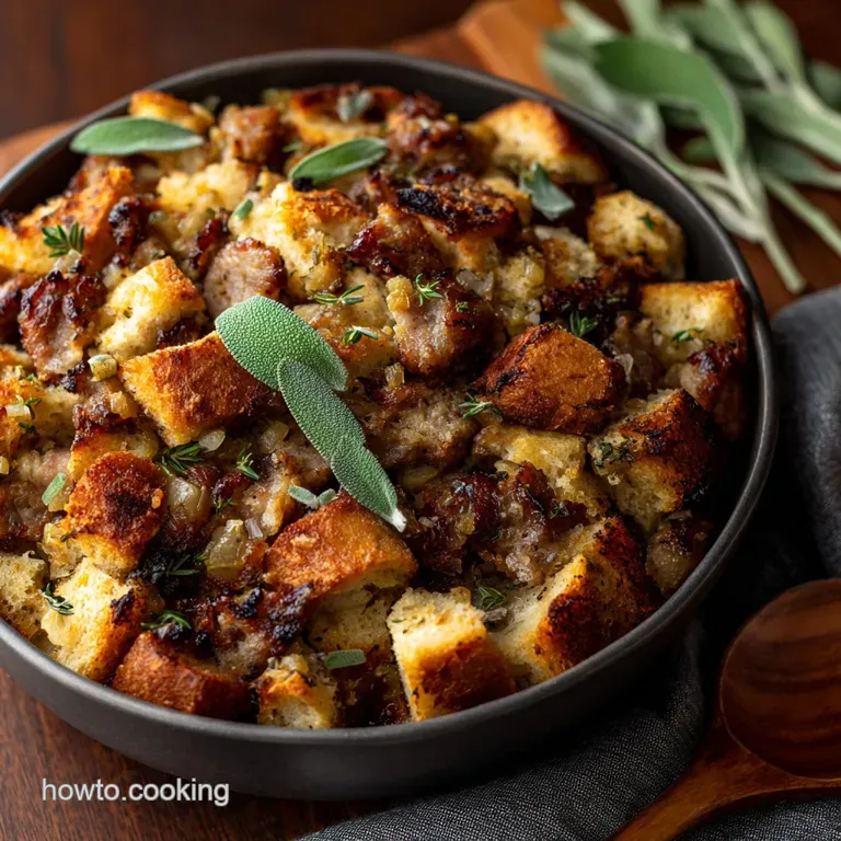 Sausage Stuffing Casserole: Ultimate Sage Sourdough and Pork Dressing presentation