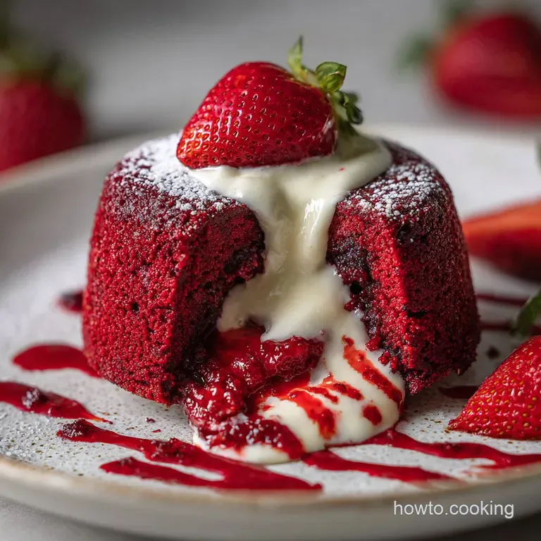 Elegant dessert plate with a warm red velvet cake revealing molten white chocolate, garnished with fresh raspberries and m...