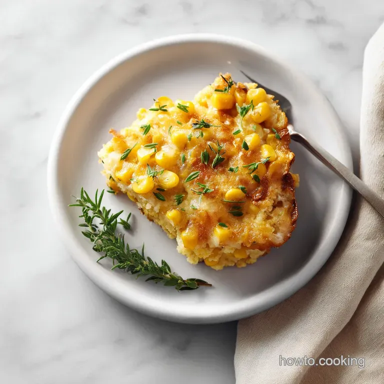 Creamy corn casserole slice on a plate, steam rising, with a sprig of thyme. The texture appears soft and rich.