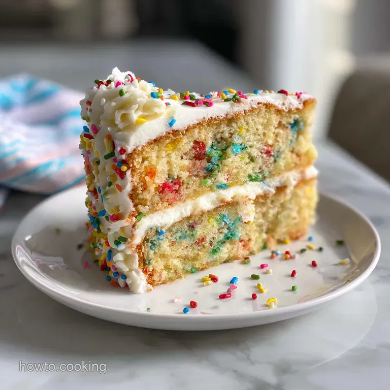 Slice of Funfetti cake on a white plate. Swirls of colorful sprinkles are visible throughout the soft, fluffy interior. Li...