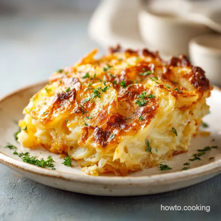 Elegant portion of sliced scalloped potatoes with golden, crispy edges, garnished with fresh herbs, a comforting, sophisti...