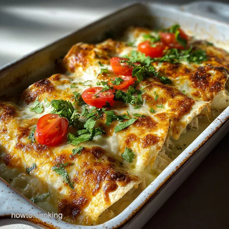 Two creamy white chicken enchiladas on a plate, oozing cheese, garnished with cilantro and vibrant red salsa.