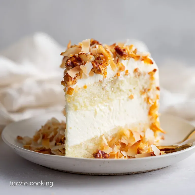 A slice of white frosted cake on a minimalist white plate, showing golden-brown coconut-pecan layers inside.